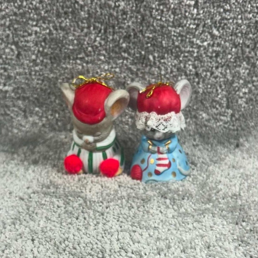 Jasco Christmas Mouse Bell Figurine Set Red Blue Green Vintage Ceramic Ornament
